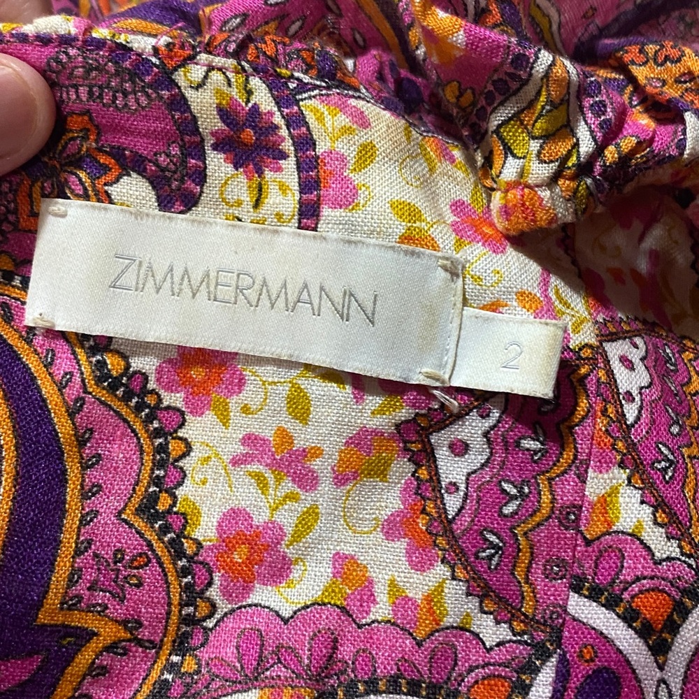 Zimmermann Fiesta Ruffle Midi Dress Size 8 Paisley Floral Linen Purple Pink - Picture 7 of 9